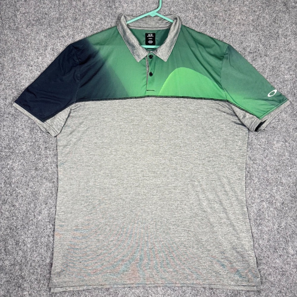 Oakley Hydrolix Golf Polo Shirt Mens 2XL Gray Green Dot Graphic Short Sleeve